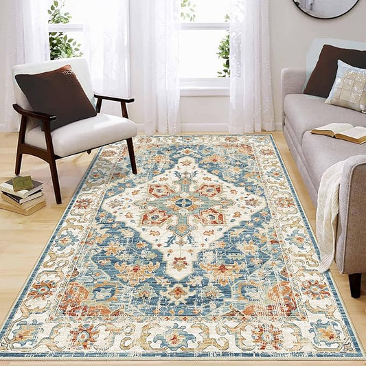 Enkor Area Soft Rugs 5x7 Washable Non Slip Boho Floor Rugs for Living Room Bedroom, Vintage Style Farmhouse Mat for Kitchen Entryway Orange & Blue