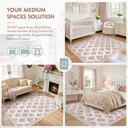 Wonnitar Pink Rugs for Bedroom Girls Nursery, Floral Print 5x7 Washable Rug, Boho Ultra-Thin Non Slip Soft Cozy Carpet for Room Decor Kids Playroom Office Living Room, Pale Pink