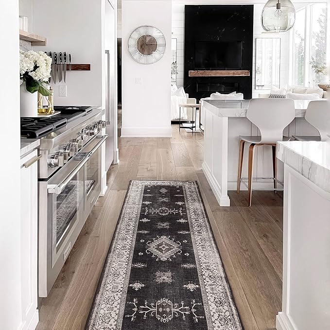 RUGGABLE Washable Vintage Runner Rug – Verena Dark Wood 2.5x7, Stain-Resistant, Non-Slip Hallway Runner – Machine Washable Rug for Hallway, Entryway, Living Room & Kitchen–with Standard Pad