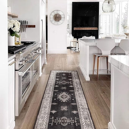 RUGGABLE Washable Vintage Runner Rug – Verena Dark Wood 2.5x12, Stain-Resistant, Non-Slip Hallway Runner – Machine Washable Rug for Hallway, Entryway, Living Room & Kitchen–with Standard Pad