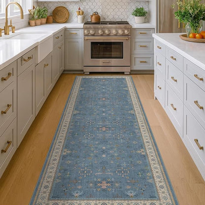 Boho 2'6"x10' Wide Runner Rugs for Hallway Non Skid- 10ft Light Blue Washable Non Slip Long Entryway Rug, Low Pile Geometric Floral Indoor Décor