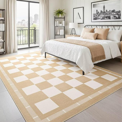 Vasofe Checkered Jute Rugs, 6x9 Large Washable Outdoor Patio Rug, Living Room Bedroom Dining Room Indoor Carpet, Non Slip Modern Farmhouse Neutral Geometric Porch Classroom Mat, Khaki and White