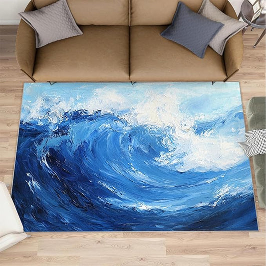 Japanese Ocean Rugs for Bedroom - 5x6 Area Rug - Ukiyo-E Ocean Waves Rugs for Living Room, Abstract Oil Painting Ocean Rug, Washable Home Decor Carpet
