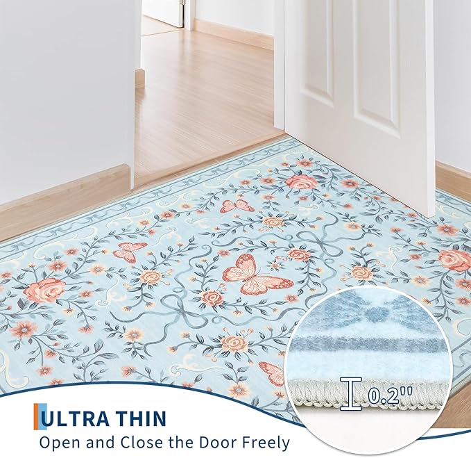 GarveeHome Washable Floral Area Rug 5x7 for Living Room Non Slip Bedroom Rug Soft Stain Resistant Large Dining Room Throw Carpet Low Pile Blue Bow Rugs Butterfly Flower Carpet for Nursery Entry, 5x7
