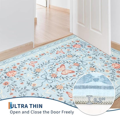 GarveeHome Washable Floral Area Rug 5x7 for Living Room Non Slip Bedroom Rug Soft Stain Resistant Large Dining Room Throw Carpet Low Pile Blue Bow Rugs Butterfly Flower Carpet for Nursery Entry, 5x7