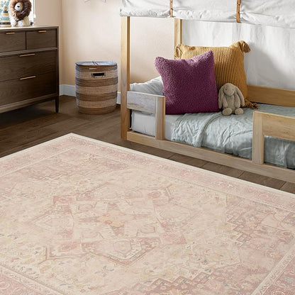 RUGGABLE Washable Area Rug – Kamran Soft Pink 5x7, Stain-Resistant, Non-Slip – Medium Machine Washable Rugs for Living Room, Bedroom, Hallway, Entryway & Office–with Cushioned Pad