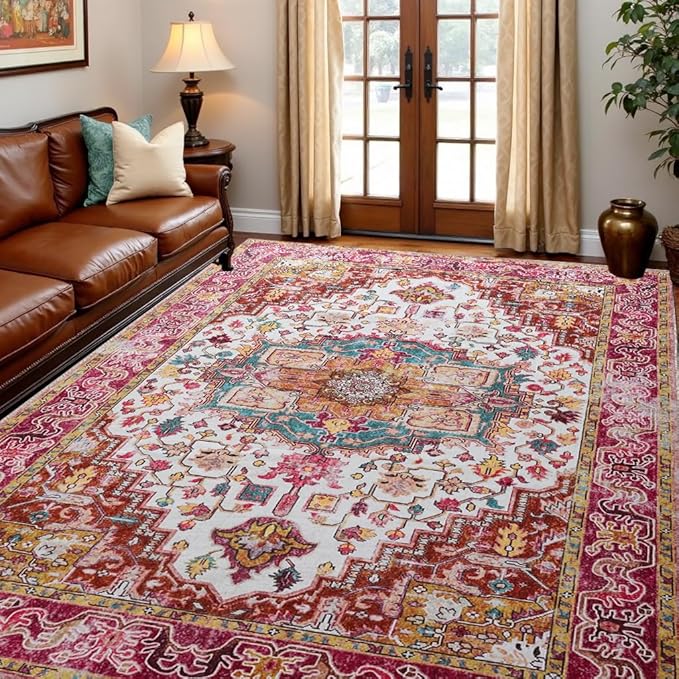 Large Area Rugs 8x10 for Living Room, Washable Vintage Rugs -Low Pile, Soft Plush Rugs for Bedroom, Kitchen, Dining Room, Stain Resistant, Non Shedding, Plum