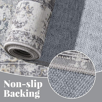 jinchan Fiora Floral 3x5 Area Rugs for Entryway - Machine Washable Taupe Vintage Distressed Design Doormat Non-Slip Ultra-Thin Low Pile Boho Rug for Kitchen Living Room Bedroom Farmhouse (3‘x5', Grey)