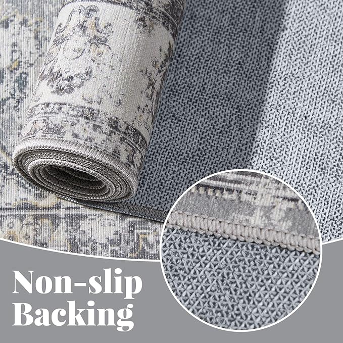 jinchan Fiora 4x6 Area Rugs for Bedroom - Machine Washable Distressed Vintage Floral Design Stain Resistant Boho Carpet Ultra-Thin Low Pile Non-Slip Rug for Living Room Dining Room (4'x6', Grey)