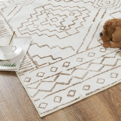 jinchan Moroccan 2x3 Rug for Entryway - Machine Washable Rug Modern Geometric Kitchen Soft Faux Wool Non-Slip Indoor Doormat Ultra-Thin Carpet for Entrance Bathroom Bedroom Living Room (2x3ft, Taupe)