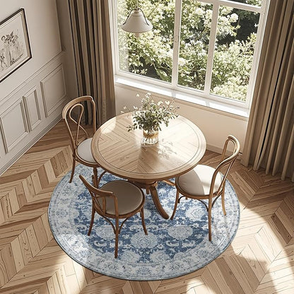 jinchan Fiora Round Rug 6ft Area Rug - Dark Blue Vintage Floor Mat Indoor Ultra-Thin Soft Floral Print - Washable Circle 6' Retro Accent for Farmhouse Non Slip Dining Room Living Room Bedroom Office