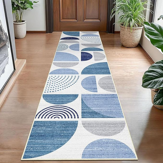MUJOO Runner Rug Washable,Blue 2x8 Area Rugs for Hallways Kitchen Bedroom Entryway Bathroom,Non Slip Carpet Long Mat Indoor,Boho Soft Modern Abstract Navy Blue