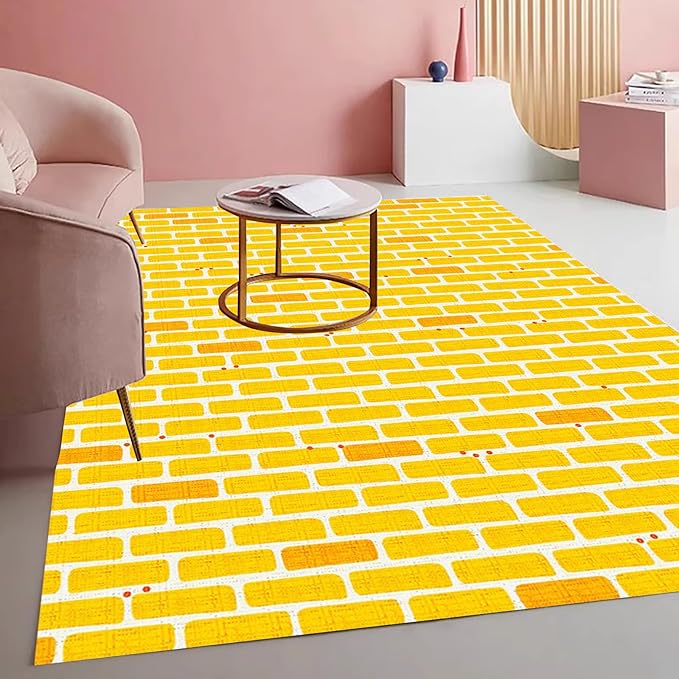 Rustic Brick Texture Area Rug 7x10 Yellow Farmhouse Washable Non Slip Living Room Rugs Retro Large Carpet for Dining Room Bedroom Playroom Home Office Stain Resistant Durable Indoor Mat