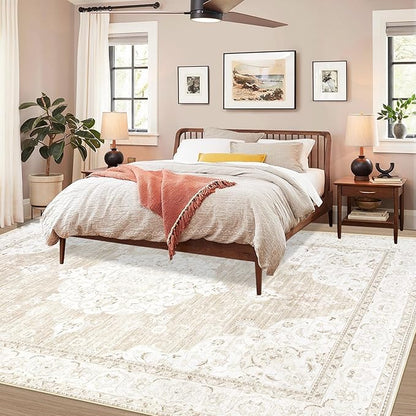 Vintage Living Room Area Rug - 6x9 Large Machine Washable Boho Moroccan Rug Distressed Farmhouse Rugs for Bedroom - Soft Non-Slip Indoor Carpet for Dining Room Office Nursery(Boho Beige, 6'x9')