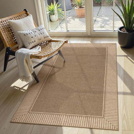 Moynesa Brown Striped Border Easy Jute Indoor Outdoor Entryway Rug 3x5, Washable Patio Rug Non Slip with Rubber Backing, Farmhouse Modern Carpet for Balcony Backyard Bedroom Living Room Dining Room