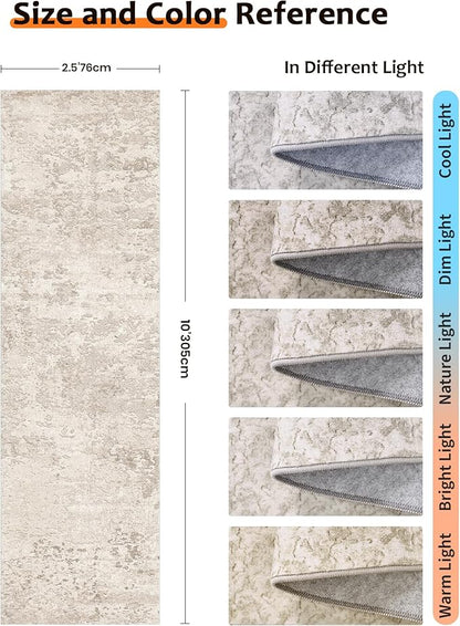 Art&Tuft Non-Slip Runner Rug - 2.5x10 Runner Rug Washable Low-Pile Rugs Runners, Soft Distressed Carpet Runner for Bedroom Bathroom Kitchen Laundry Living Room, Beige