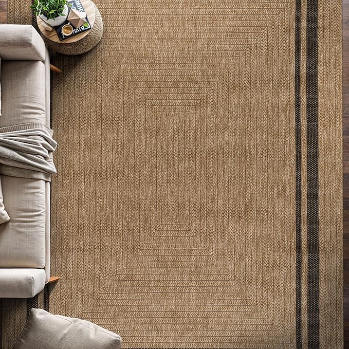 Beverly Rug Easy Jute Bordered Rug 6x9 Washable Durable Indoor Outdoor Area Rugs for Living Dining Room Patio Office Stain Resistant Non Shedding Casual Indoor Outside Carpet 6 x 9 Natural