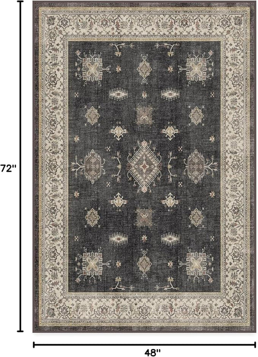 RUGGABLE Washable Vintage Area Rug – Verena Dark Wood 4x6, Stain-Resistant, Non-Slip – Medium Machine Washable Rugs for Living Room, Bedroom, Hallway, Entryway & Office–with Cushioned Pad