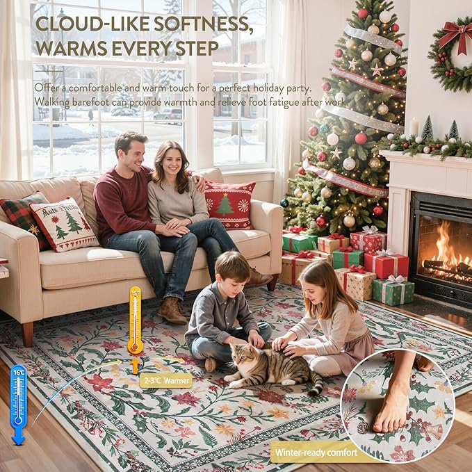 Wonnitar Christmas Rug for Living Room, Christmas Home Decor 8x10 Washable Rug, Ultra-Thin Soft Holiday Floral Print Non Slip Winter Indoor Carpet for Bedroom Kids Room Xmas Dining Room