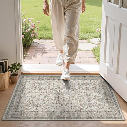 LUMI Indoor Thin Door Mat, 24x36 Washable Small Inside Doormat, Non Slip Low Pile Oriental Floor Carpet, Vintage Distressed Area Rug for Front Door,Entrance,Bedroom, Celadon