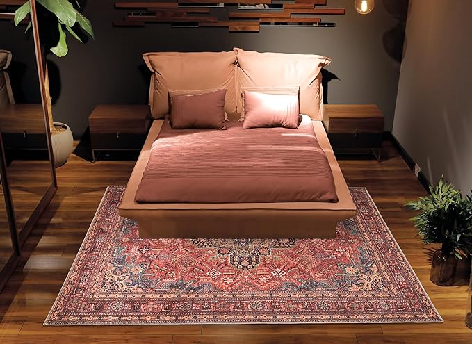 Bloom Rugs Washable Non-Slip 10x14 Rug - Red/Teal Blue/Yellow Traditional Medallion Area Rug for Living Room, Bedroom, Dining Room, and Kitchen - Exact Size: 10' x 14'