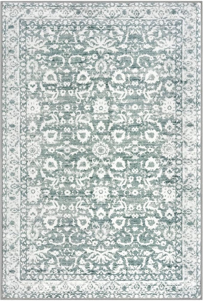 Vintage Entryway Rug 2x3 Washable, Sage Green White Kitchen Rug, Super Soft Thin Faux Wool Small Area Rug, Non-Slip Accent Mat for Foyer, Bedroom, Office