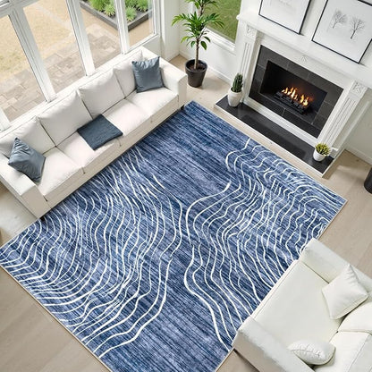 LIVEBOX 8x10 Modern Area Rugs for Living Room, Abstract Non-Slip Washable Rugs, Minimalist Wave Striped Neutral Boys Girl Nursery Area Rug for Bedroom, Carpet for Playroom Office(Navy Blue,8'x10')