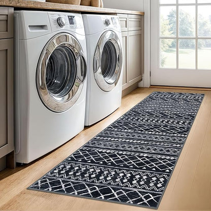 KUTA Moroccan Washable Hallway Runner Rug, 2x6 Non-Slip Vintage Black Boho Rugs Kitchen Runners Ultra Soft Distressed Geometric Floor Carpet for Bedroom Laundry Living Room