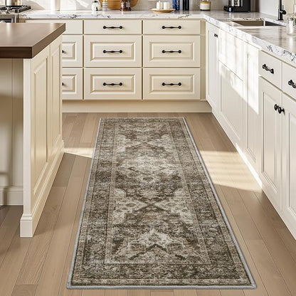 AMOAMI-2X6 Runner Rug-Washable Runners for Hallways-Soft Non Slip Bedside Rugs for Bedroom-Vintage Long Rug for Hallways Entryway Laundry Room Stair Kitchen Bathroom Light Brown/Coffee