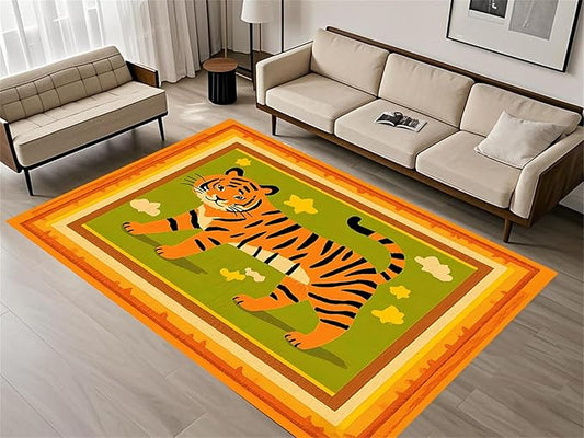 Tiger Rugs for Living Room，5x8ft,Modern Minimalist Style Orange Tiger Rug Suitable for Children's Room，Machine Washable Cute Tiger Rug for Boys and Girls Bedroom Farmhouse Restaurant
