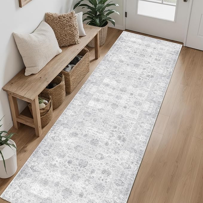 Hallway Runner Rug 2x12 Washable Area Rugs, Vintage Floral Rug Soft Non Slip Stain Resistant Boho Floor Carpet Runners for Hallways Entryway Laundry Room Kitchen Bathroom, and Bedroom Grey