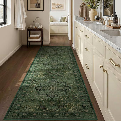 Retro Green 3x8 Rug Runners for Entryway Non Slip, Distressed Medallion Carpet Runners for Hallway 8ft, Low Pile Thin Runner Rug Non Slip Washable for Kitchen/Foyer/Mudroom/Bedroom