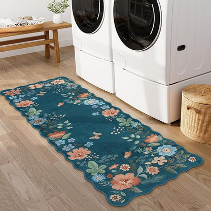 Lahome Floral Washable Runners for Hallways, 2x5 Kitchen Runner Rug Ultra-Thin, Non-Slip Stain Resistant Boho Low-Pile Carpet Runner for Bathroom Bedroom(2x5ft,Navy Blue)