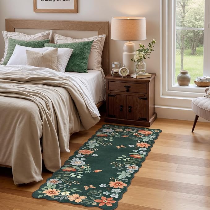 Lahome Floral Small Rug, 2x4 Kitchen Rugs Non Slip Washable Rug Ultra-Thin, Soft Front Door Mat Indoor Entrance Stain Resistant Boho Low-Pile Entry Carpet for Bathroom Bedroom(2x4ft,Dark Green)
