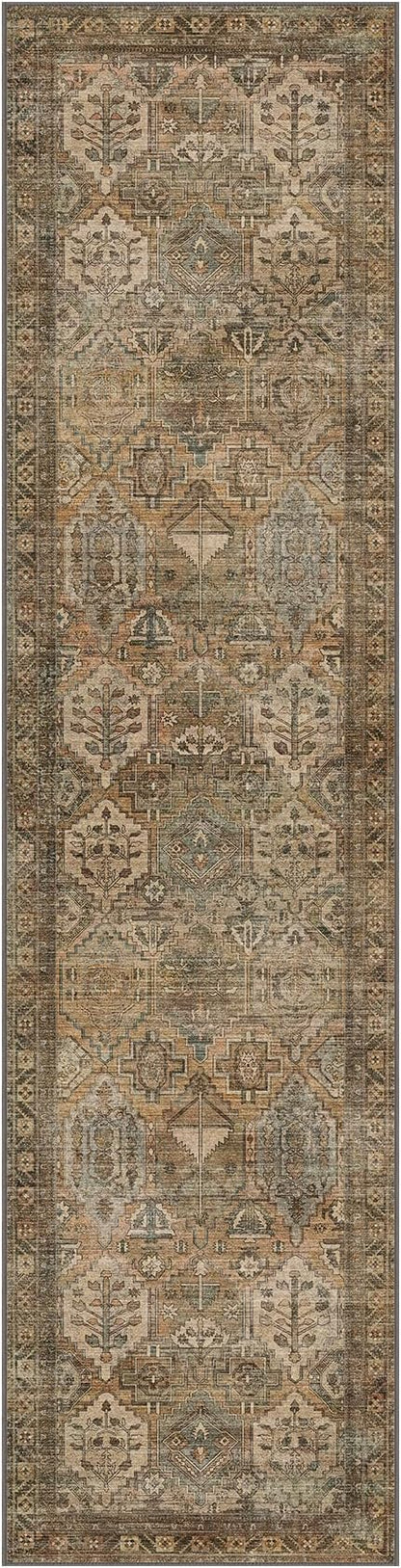 Bavni Kitchen Rug 2x8 Runner Rugs for Hallways Entryway, Washable Vintage Print Carpet, Ultra-Thin Chenille Low Pile Lightweight Rug with Non Slip Backing, Warm Taupe