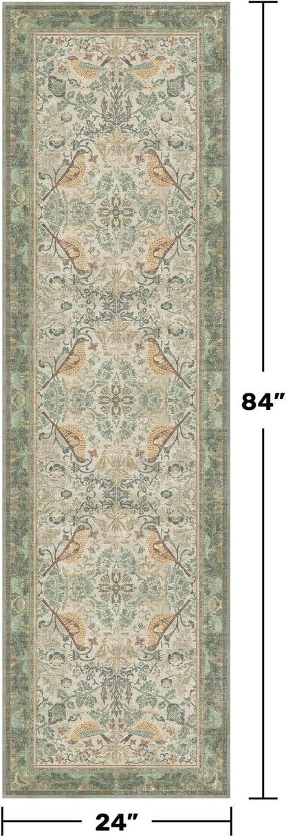 Sage Floral Kitchen Runners - 2x7 Long Runner Rug for Hallway Bathroom Bedroom Beside Bed Entryway, Boho Birds Leaves Patterned Non Slip Low Pile Washable Rugs