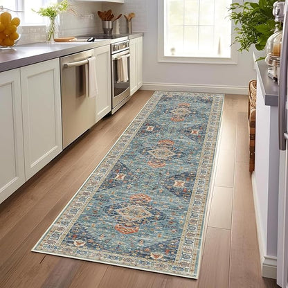 Enkor Runner Rugs for Hallway, 2.6x8 Washable Soft Non Slip Floor Rugs for Kitchen, Modern Mat for Living Room Bedroom Entryway Green & Blue