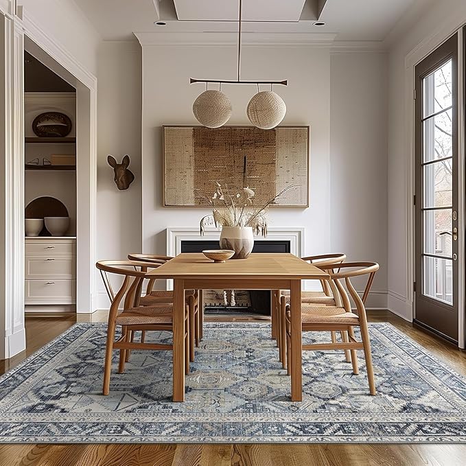 Bavni Washable Rug 5x7 Area Rug for Living Room Bedroom Dining, Washable Vintage Print Carpet, Ultra-Thin Chenille Low Pile Lightweight Rug with Non Slip Backing, Blue