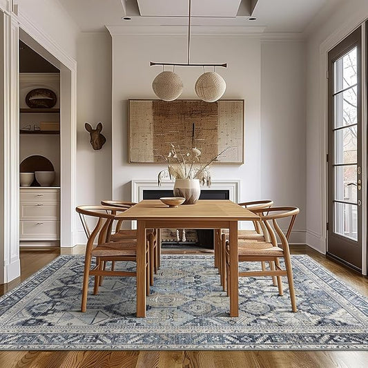 Bavni Washable Rug 6x9 Area Rug for Living Room Bedroom Dining, Washable Vintage Print Carpet, Ultra-Thin Chenille Low Pile Lightweight Rug with Non Slip Backing, Blue
