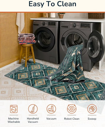 Area Rug 3x5 Rug Machine Washable Non-Slip Low Pile Print Pattern Western Rug for Living Room Bedroom Entryway Tribal Series -Teal/Green