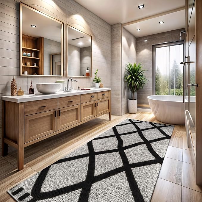 CAMILSON Modern Runner Rug 2x7 Luxury Diamond Pattern Micro Loop Hallway Rugs Soft High-Low Pile Stain Resistant Easy to Clean Non-Shedding Durable Entryway Kitchen Indoor Area Carpet (Black/Gray)