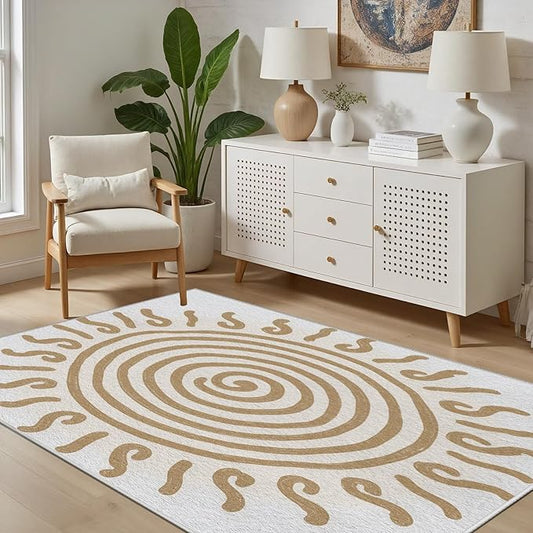 Boho Washable Rugs for Bedroom 6x8, Modern Sun Print Soft Minimalism Area Rug, Non Slip Low Pile Abstract Carpet for Classroom Living Room Decor Dining Room, Beige Yellow