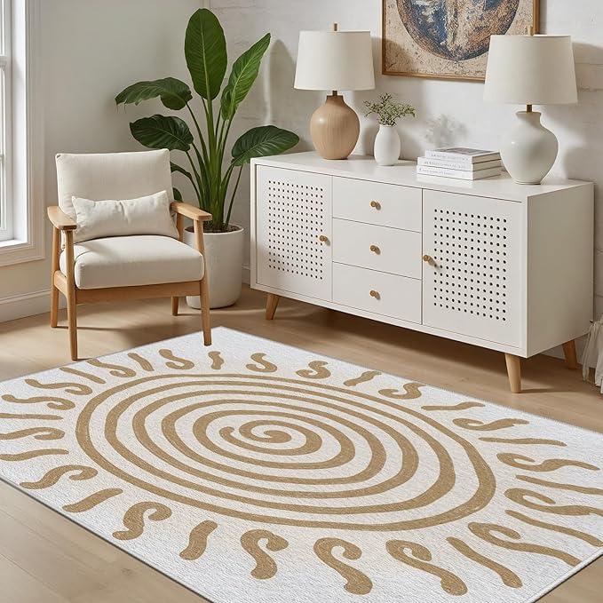 Boho Washable Rugs for Bedroom 2x3, Modern Sun Print Soft Minimalism Area Rug, Non Slip Low Pile Abstract Carpet for Classroom Living Room Decor Dining Room, Beige Yellow