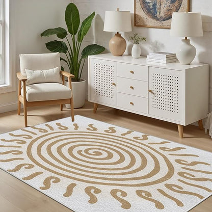 Boho Washable Rugs for Bedroom 8x10, Modern Sun Print Soft Minimalism Area Rug, Non Slip Low Pile Abstract Carpet for Classroom Living Room Decor Dining Room, Beige Yellow