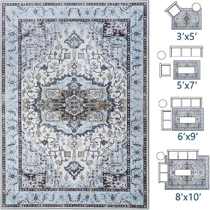 8x10 Large Area Rugs for Living Room, Washable Vintage Rugs-Low Pile Carpet, Non-Slip Soft Distressed Printed Patterns Rugs for Bedroom, Dining Room, Blue