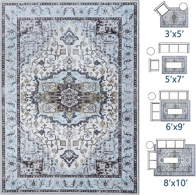 Washable Area Rugs 5x7, Low Pile Soft Vitnage Distressed Rug for Bedroom, Living Room, Dining Room, Non-Slip, Low Pile, Blue