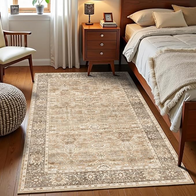3x5 Washable Area Rug for Living Room Bedroom Dining Room Non-Slip Low Pile Boho Vintage Distressed Entryway Rug Traditional Floral Retro Accent Throw Carpet for Dining Room Bathroom Kitchen Beige