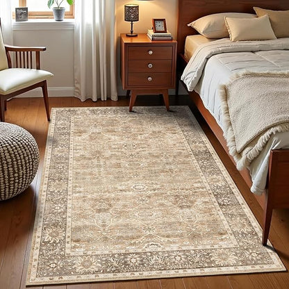 3x5 Washable Area Rug for Living Room Bedroom Dining Room Non-Slip Low Pile Boho Vintage Distressed Entryway Rug Traditional Floral Retro Accent Throw Carpet for Dining Room Bathroom Kitchen Beige