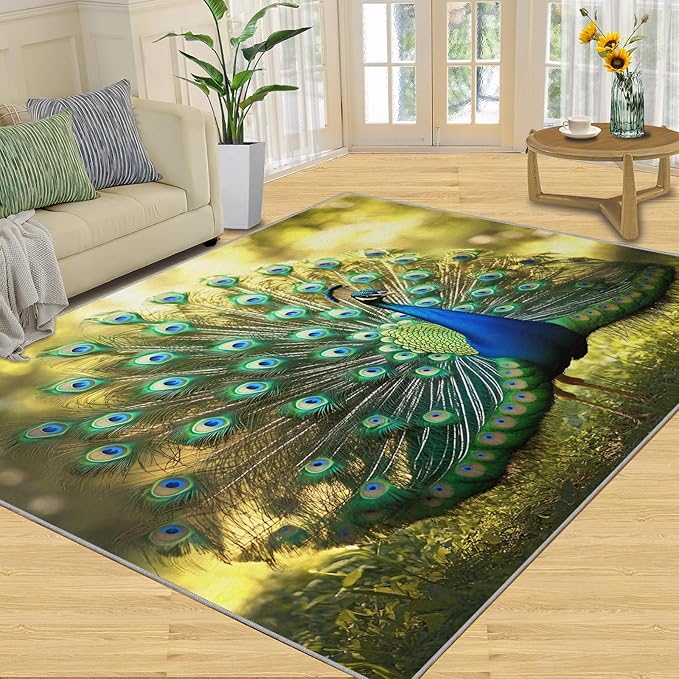 Peacock Rug 4x5-4x5 Rug, Wonderful Peacock Area Rugs for Bedroom, Nature Rugs for Living Room, Modern Style Washable Mat, Aesthetics Carpet - Peafowl Home Decor & Gifts