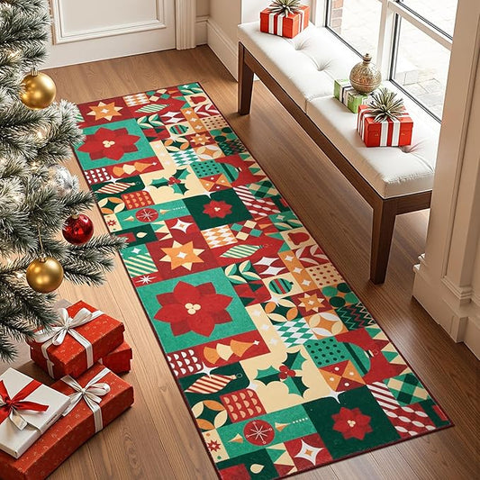 jinchan Christmas Runner Rug 2x6 for Entryway Washable Christmas Kitchen Rug Xmas Geometric Floor Mat for Hallway Non-Slip Soft Carpet Festive Red-Green Holiday Patch Decor for Bathroom Porch Bedside
